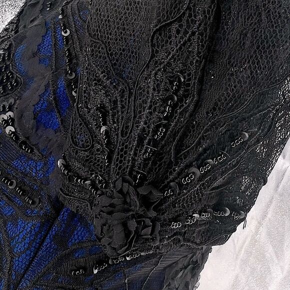Sue Wong 3/4 SLEEVE V-NECK BEADED ROYAL BLUE & BLACK LACE COCKTAIL DRESS SIZE 4 - Picture 7 of 15